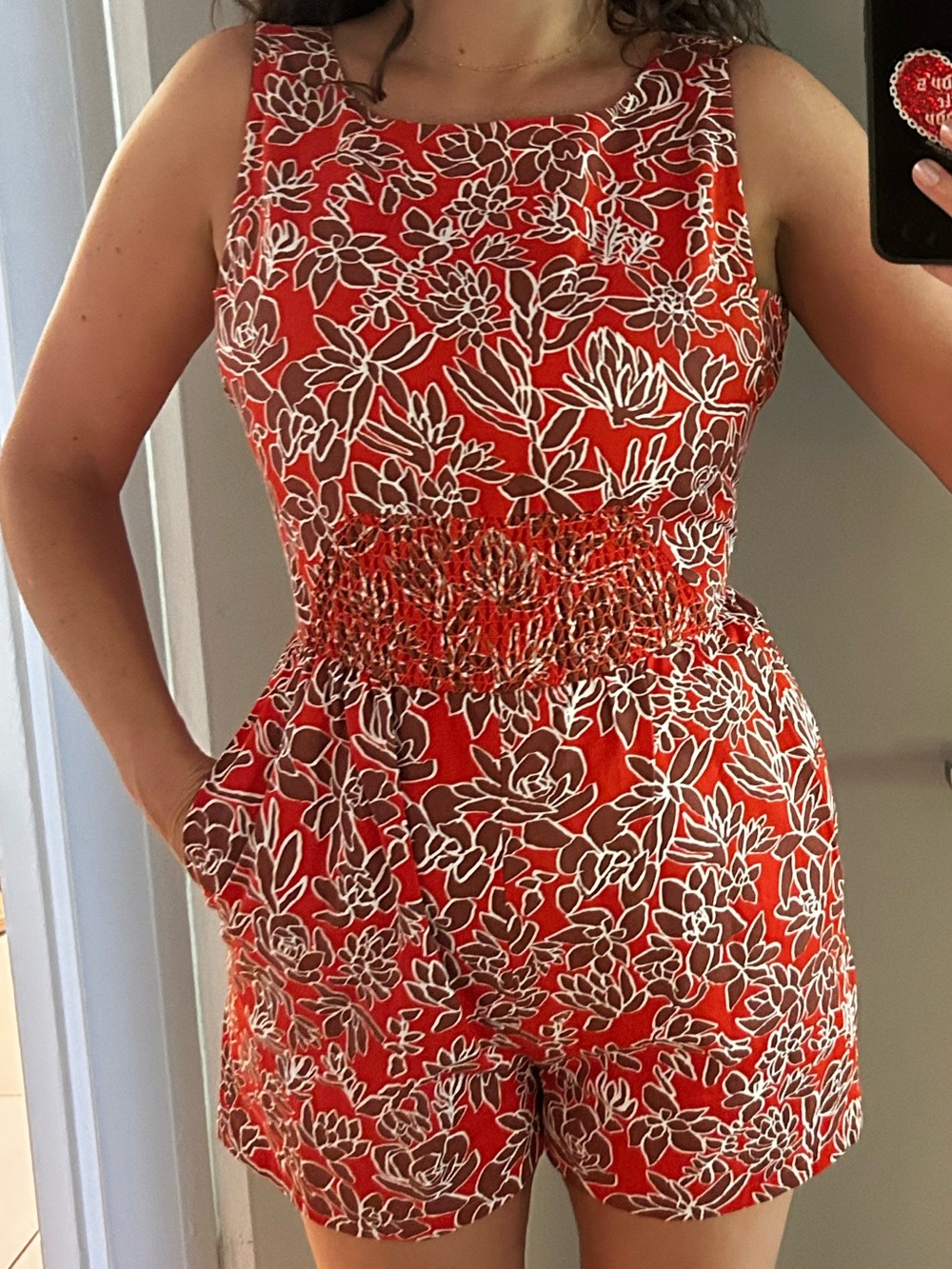 kate spade Saturday Red Floral Sleeveless Smocked-Waist Romper